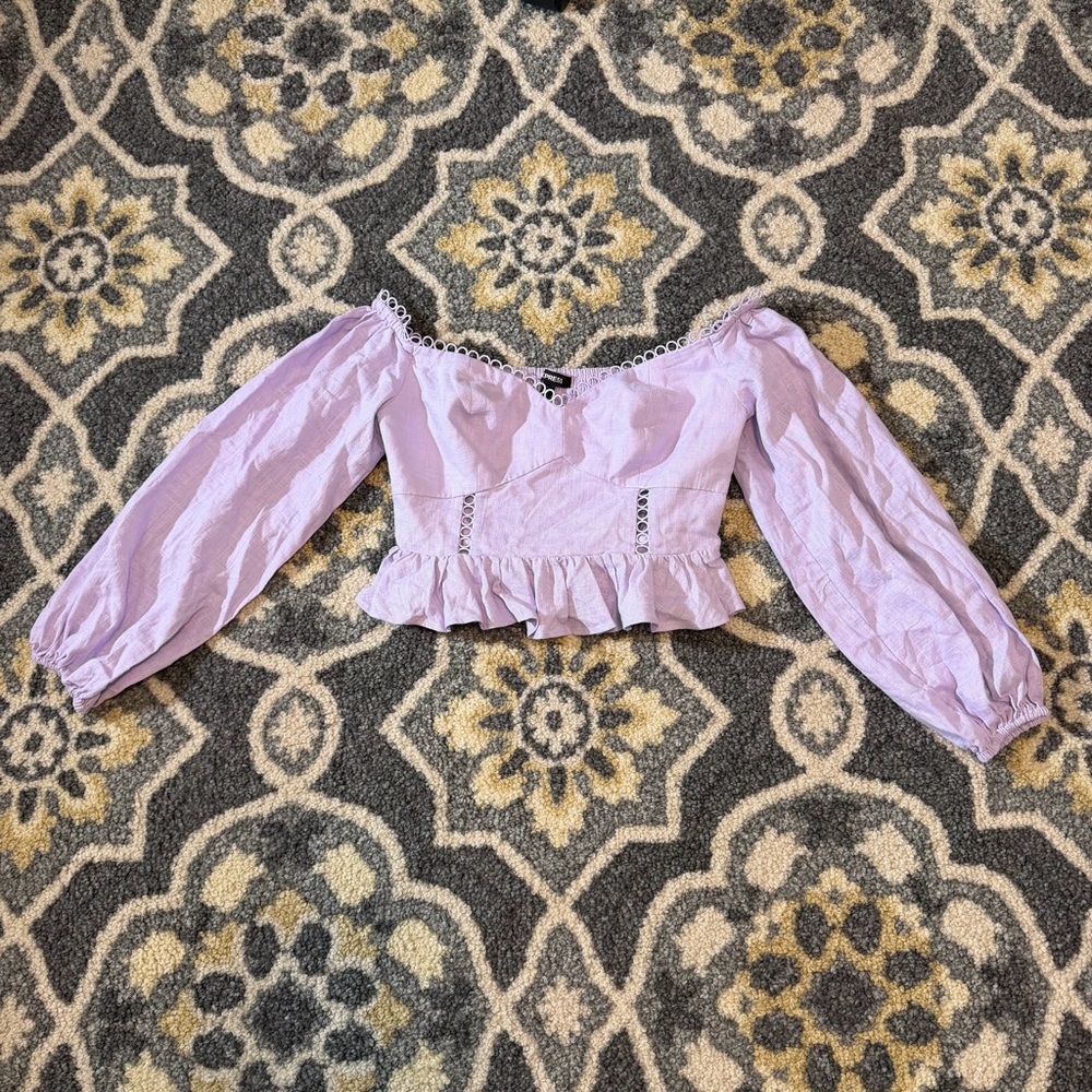 EXPRESS Off Shoulder Corset Peplum Cropped Long Sleeved Top | Size S